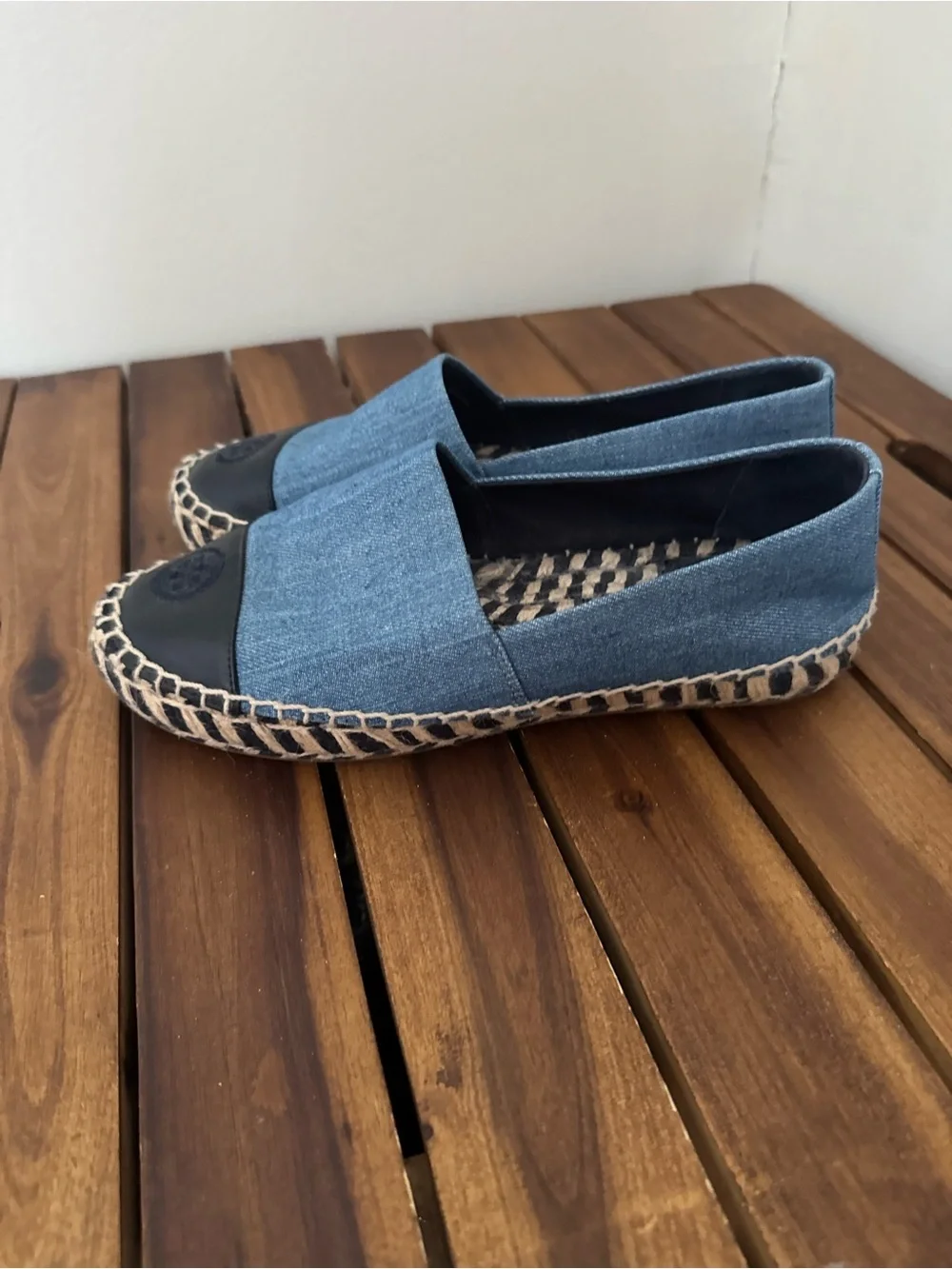 Tory Burch Denim Espadrille Slip-Ons with Black Toe Cap size 8